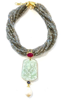Bochic “Orient” Vintage Jade, Ruby & Blue Sapphire Pendant Set 18K Gold & Silver