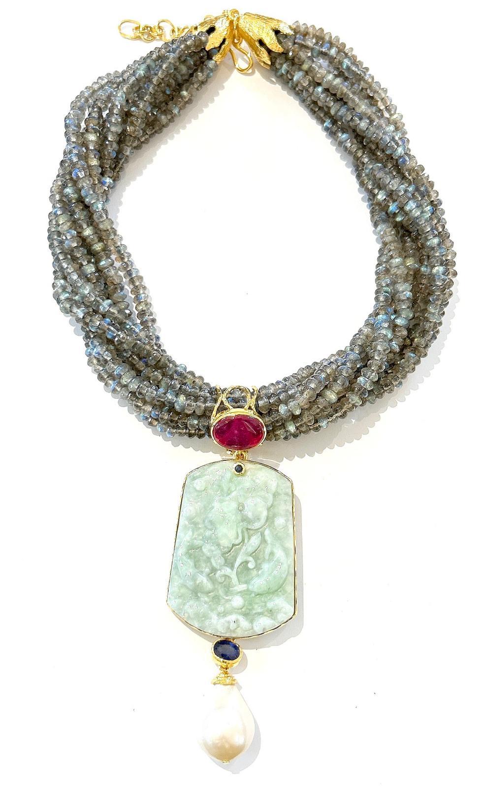 Bochic Orient Vintage Jade, Rubin & Blauer Saphir Anhänger Set 18K Gold & Silber (Barock) im Angebot