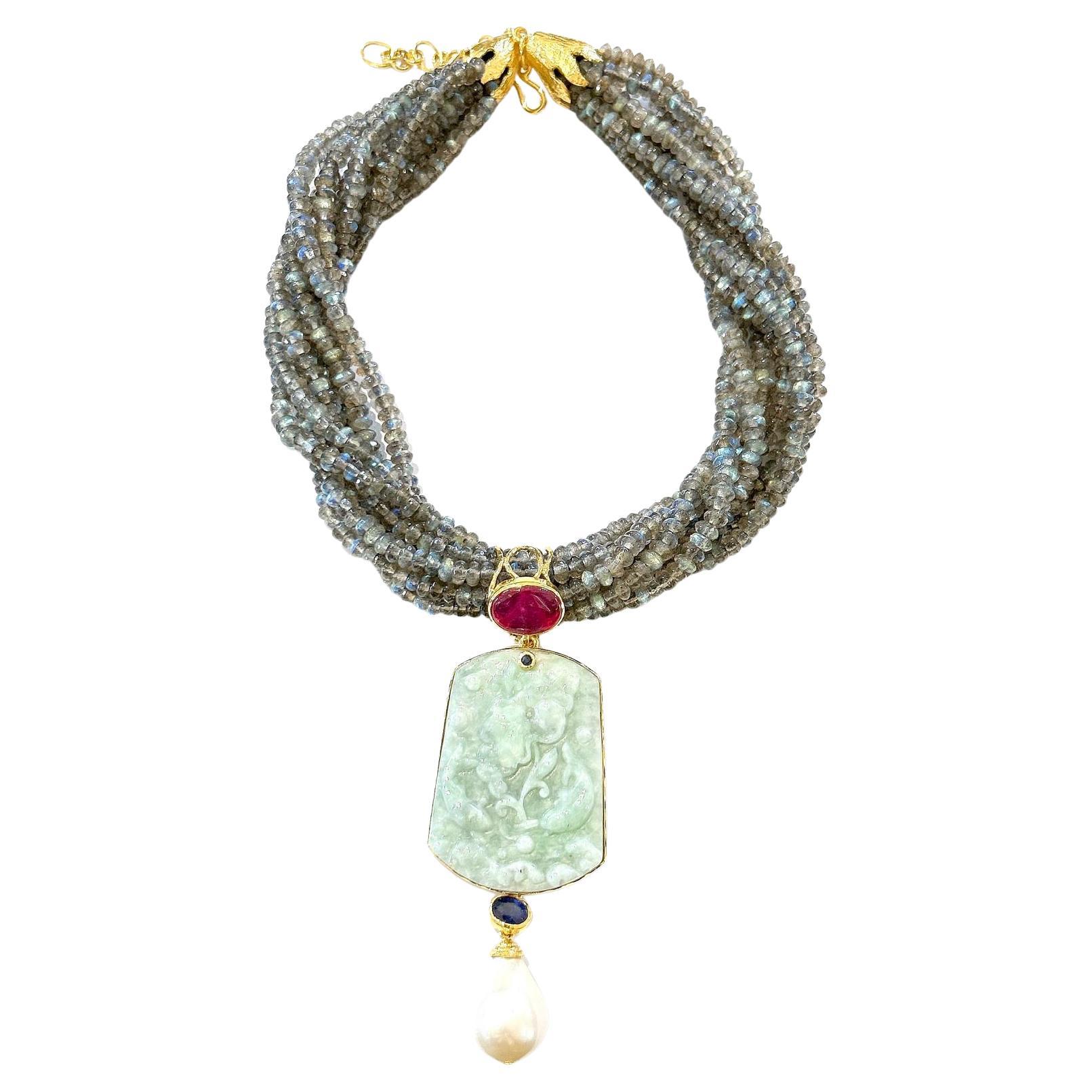 Bochic “Orient” Vintage Jade, Ruby & Blue Sapphire Pendant Set 18K Gold & Silver