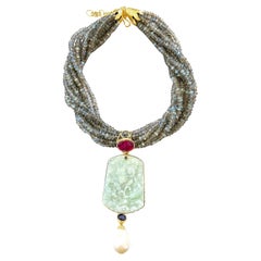 Juego de colgante Bochic "Orient" Vintage de jade, rubí y zafiro azul Oro de 18 quilates y plata