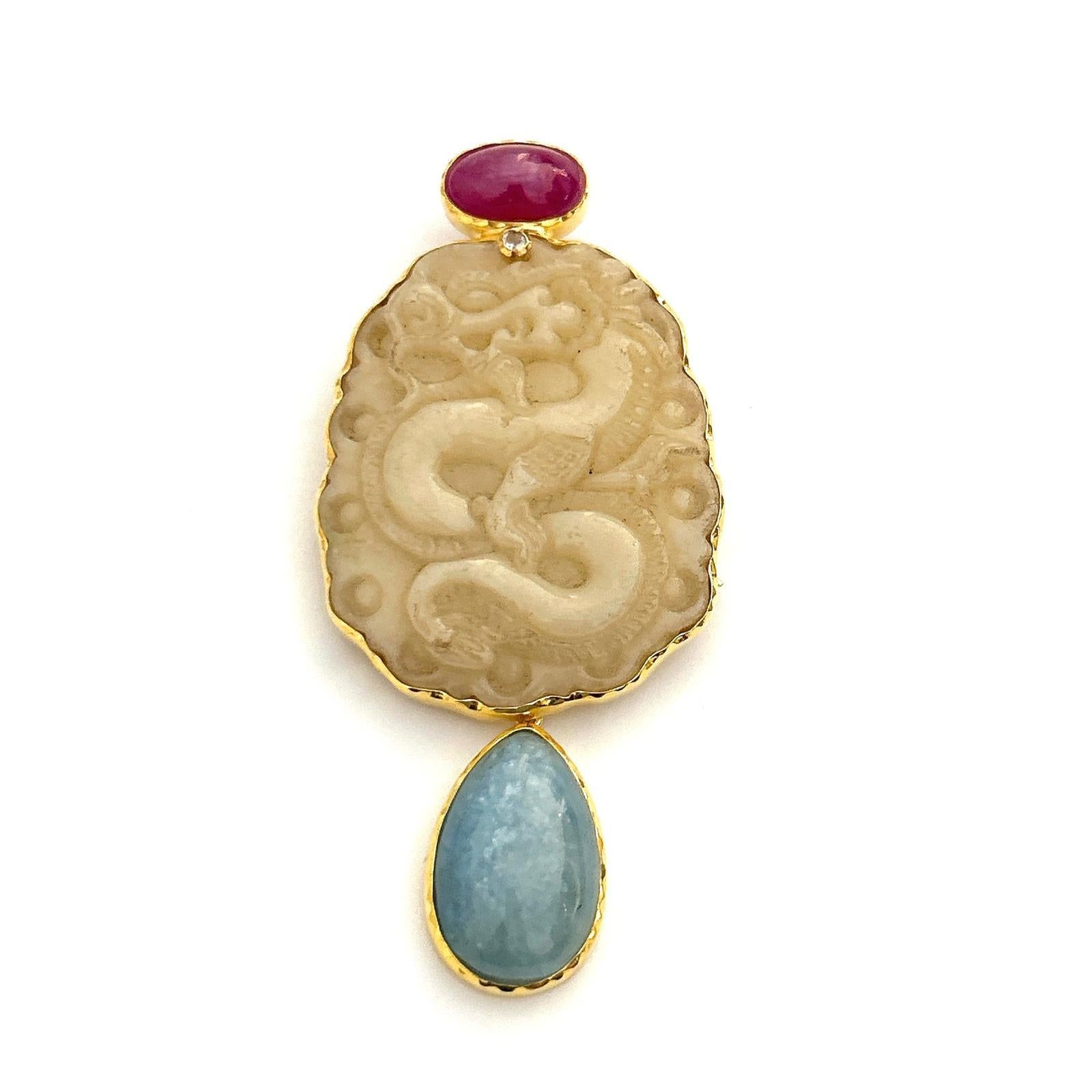 Bochic “orient” Vintage Jade, Ruby Brooch / Penda… - image 3
