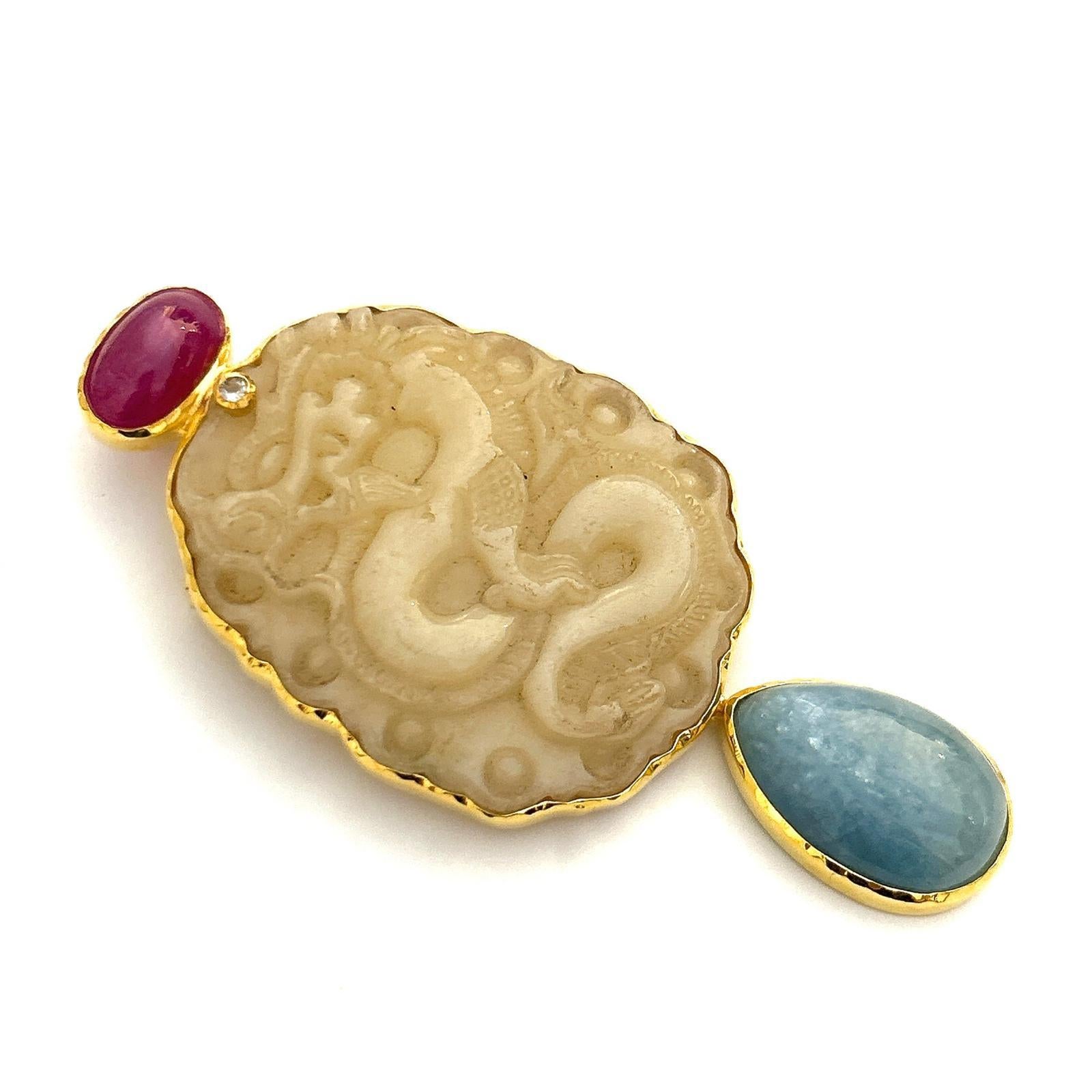 Bochic “orient” Vintage Jade, Ruby Brooch / Penda… - image 4