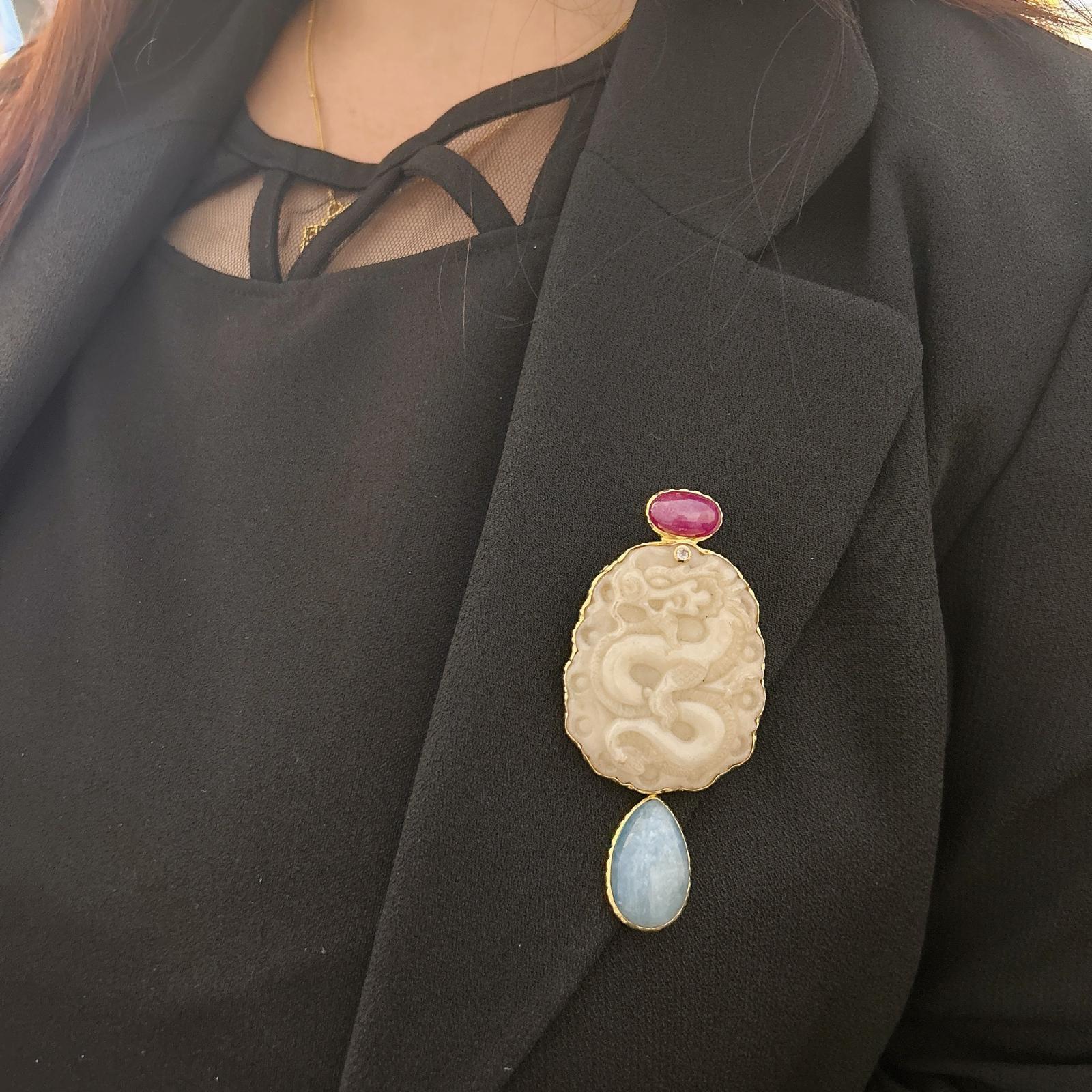 Bochic “orient” Vintage Jade, Ruby Brooch / Penda… - image 5