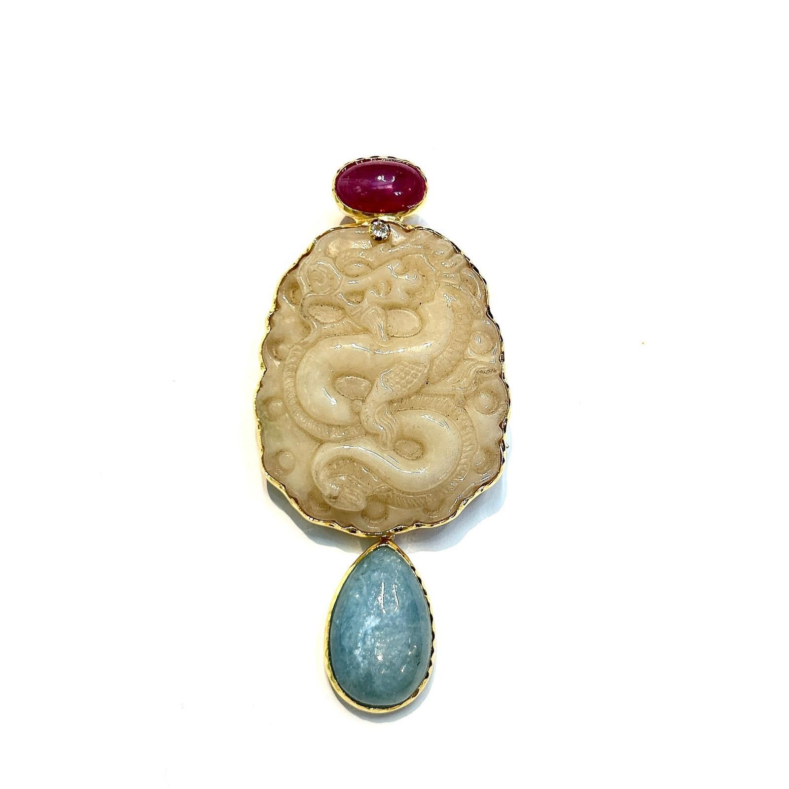 Bochic “orient” Vintage Jade, Ruby Brooch / Penda… - image 6