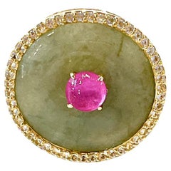 Bochic “Orient” Vintage Jade, Ruby & Diamond Dome Ring Set 18K & Silver 