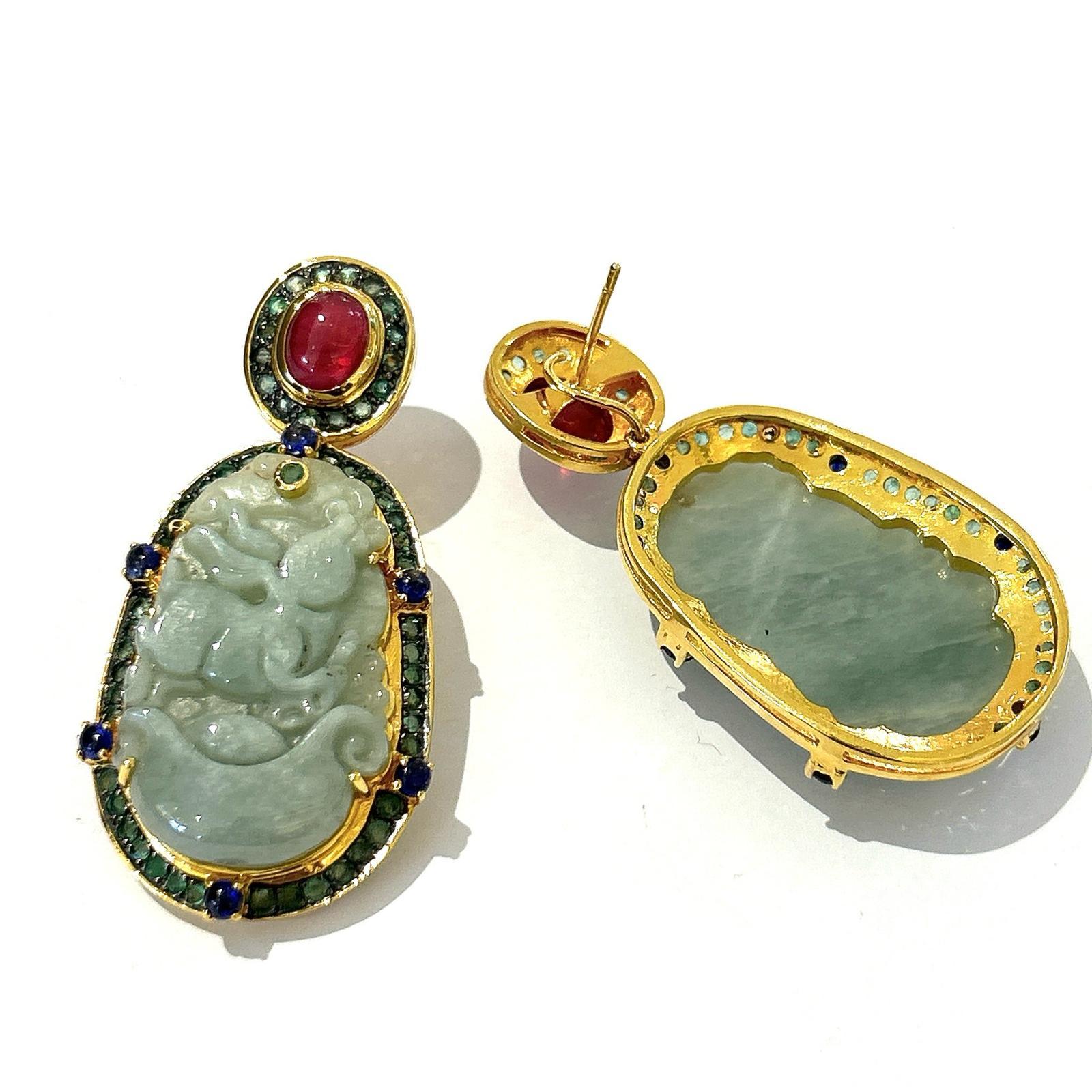 Baroque Bochic “Orient” Vintage Jade, Ruby, Emerald & Sapphire Earrings Set In 18k Gold For Sale