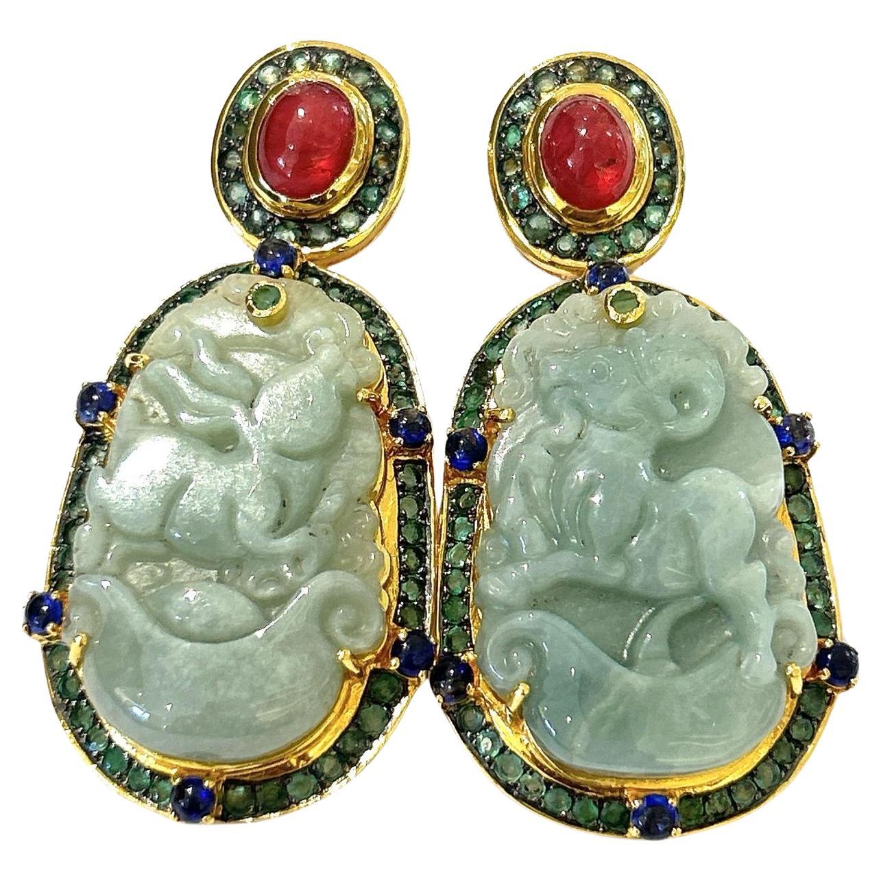Bochic “Orient” Vintage Jade, Ruby, Emerald & Sapphire Earrings Set In 18k Gold