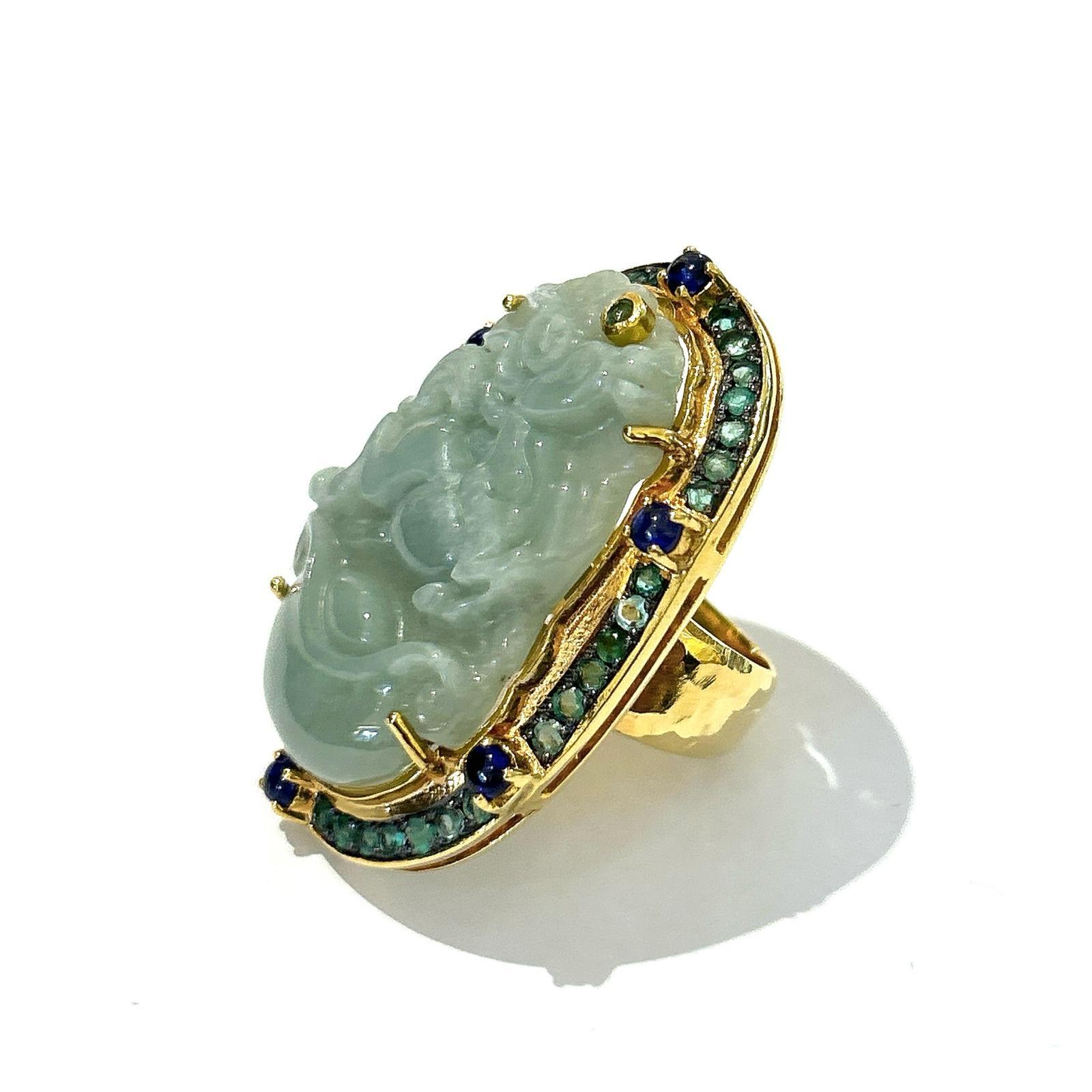 Baroque Bochic “Orient” Vintage Jade, Sapphire Cocktail Ring Set In 18K Gold & Silver  For Sale