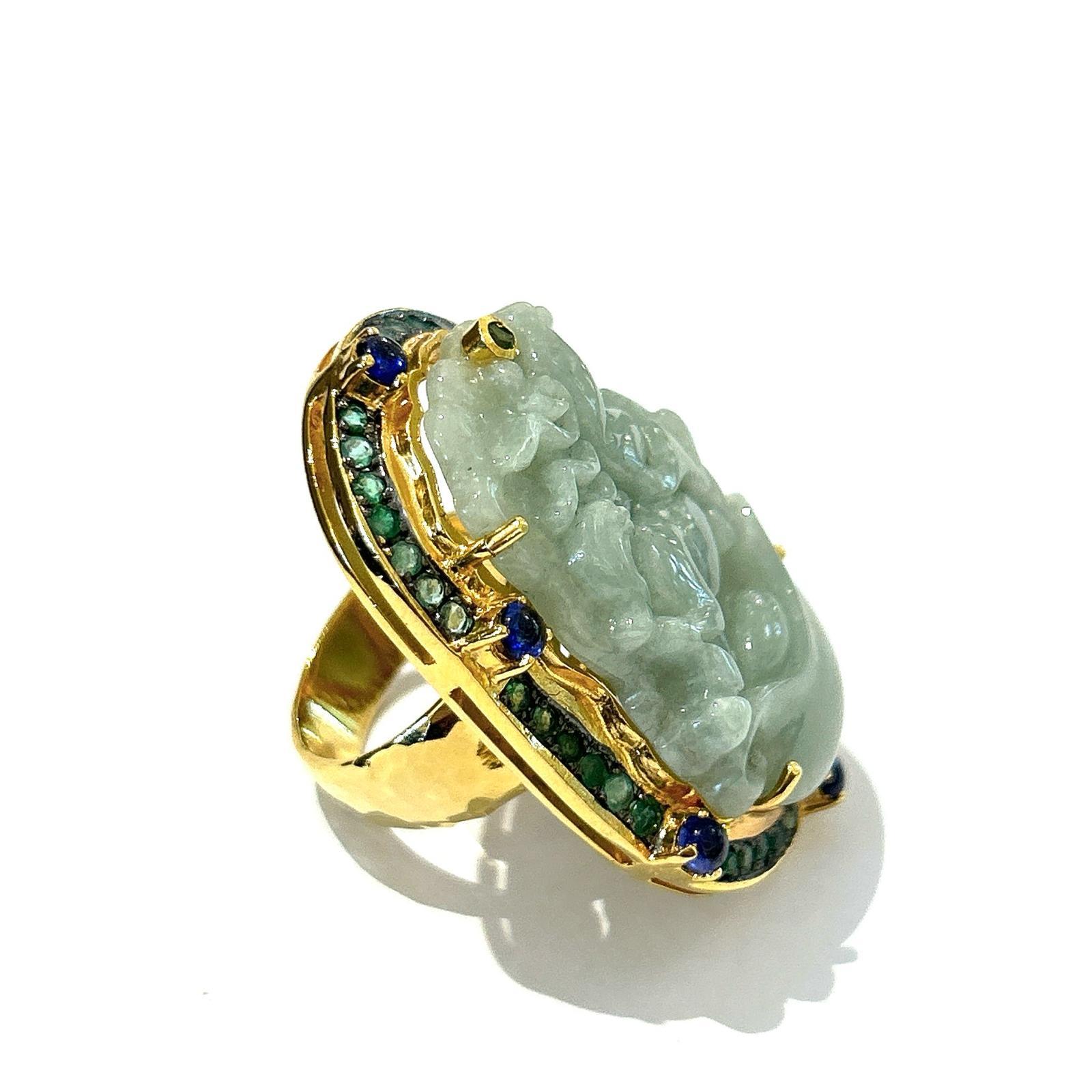 Brilliant Cut Bochic “Orient” Vintage Jade, Sapphire Cocktail Ring Set In 18K Gold & Silver  For Sale