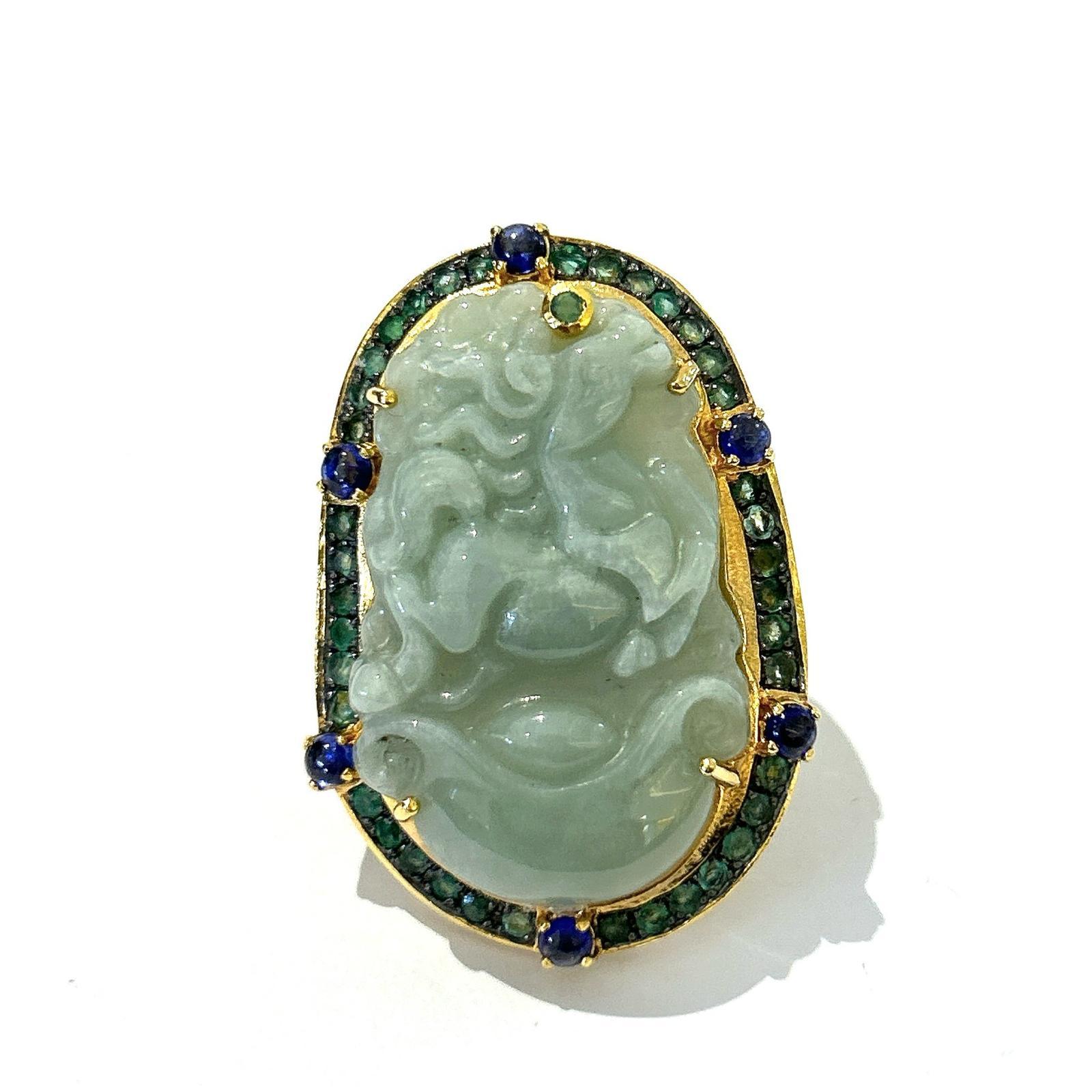 Bochic “Orient” Vintage Jade, Sapphire Cocktail Ring Set In 18K Gold & Silver  In New Condition For Sale In New York, NY