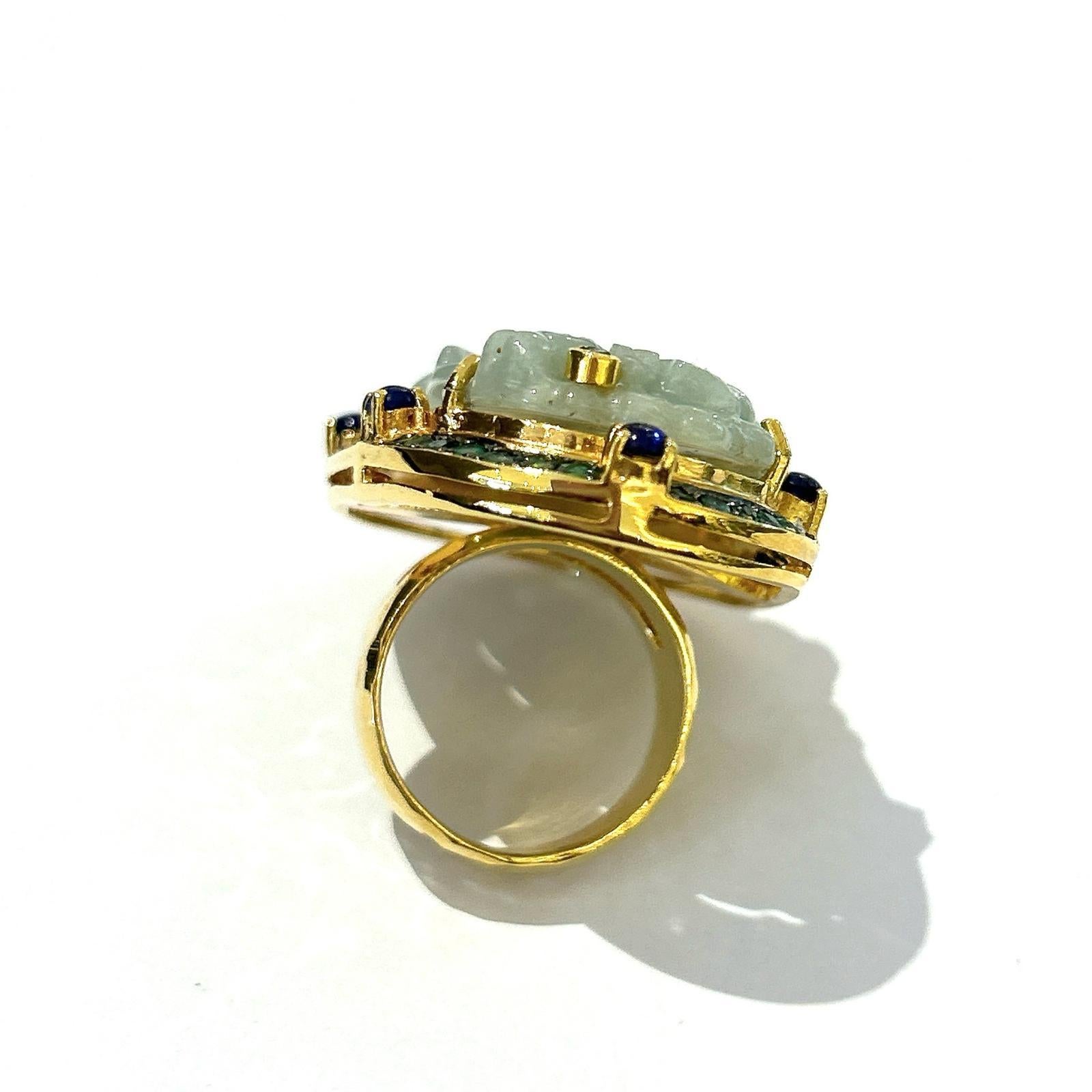 Bochic “Orient” Vintage Jade, Sapphire Cocktail Ring Set In 18K Gold & Silver  For Sale 1