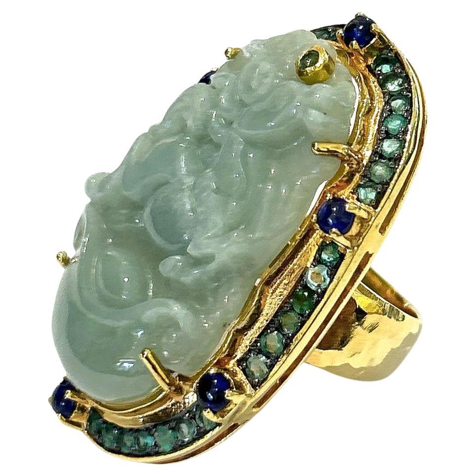 Bochic “Orient” Vintage Jade, Sapphire Cocktail Ring Set In 18K Gold & Silver 
