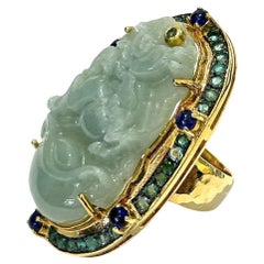 Bague cocktail Bochic Orient vintage en or et argent 18 carats sertie de jade et saphirs 