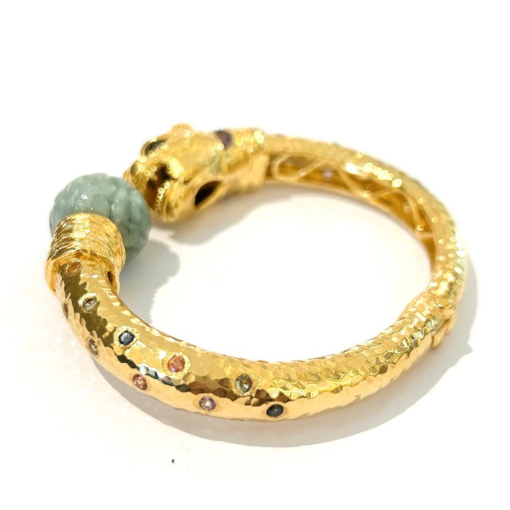 Bochic “Orient” Vintage Jade & Sapphire Dragon Bangle Set In 18K Gold & Silver For Sale 5