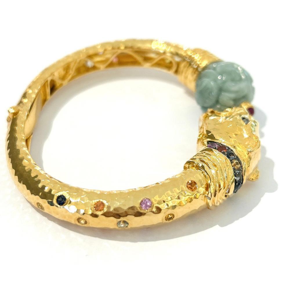 Bochic “Orient” Vintage Jade & Sapphire Dragon Bangle Set In 18K Gold & Silver For Sale 2