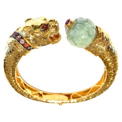 Bochic “Orient” Vintage Jade & Sapphire Dragon Bangle Set In 18K Gold & Silver