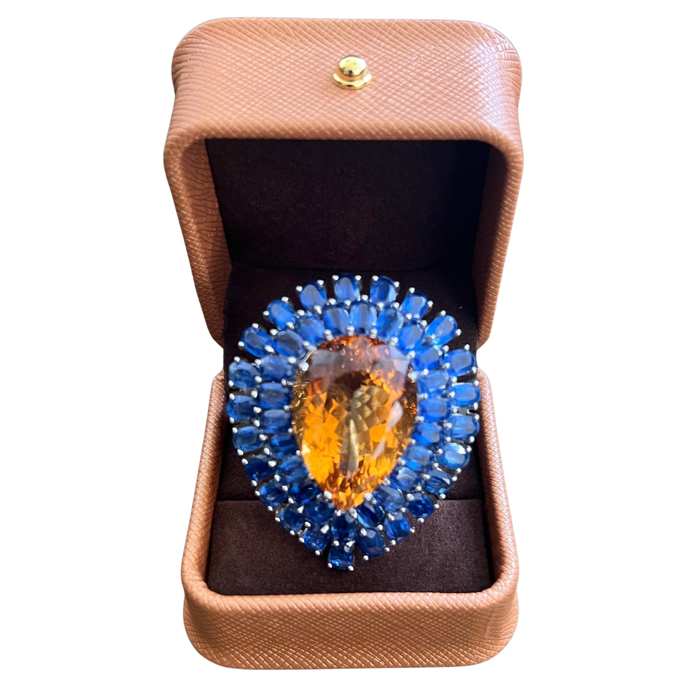 Bochic "Orient" Bague vintage en or blanc et argent 18 carats, composée de disthène et de citrine