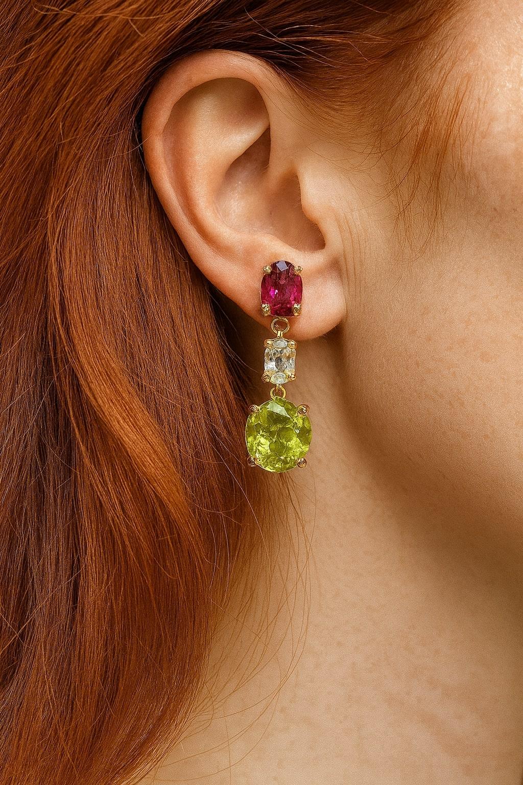 Bochic “Orient” Vintage Lemon Quartz &  Rhodorite Earrings Set 18K Gold & Silver For Sale 4