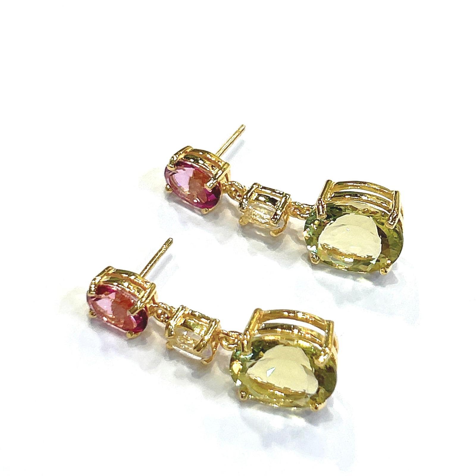 Oval Cut Bochic “Orient” Vintage Lemon Quartz &  Rhodorite Earrings Set 18K Gold & Silver For Sale