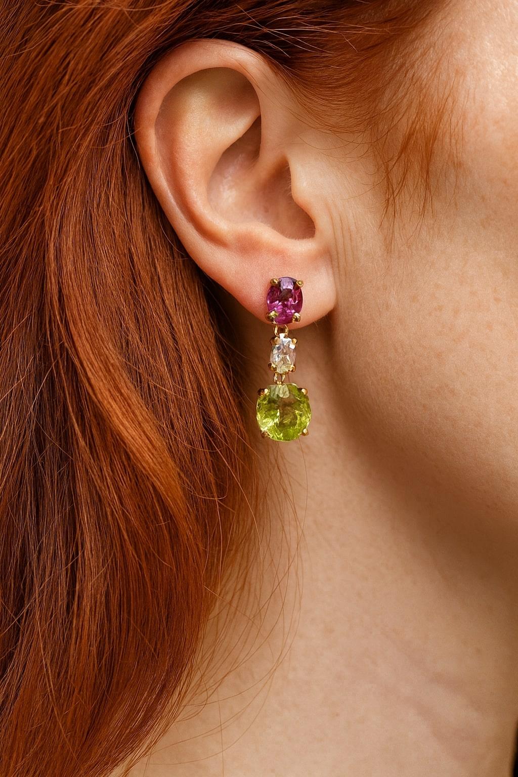 Bochic “Orient” Vintage Lemon Quartz &  Rhodorite Earrings Set 18K Gold & Silver For Sale 3