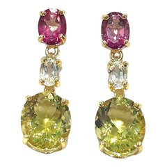Bochic “Orient” Vintage Lemon Quartz &  Rhodorite Earrings Set 18K Gold & Silver