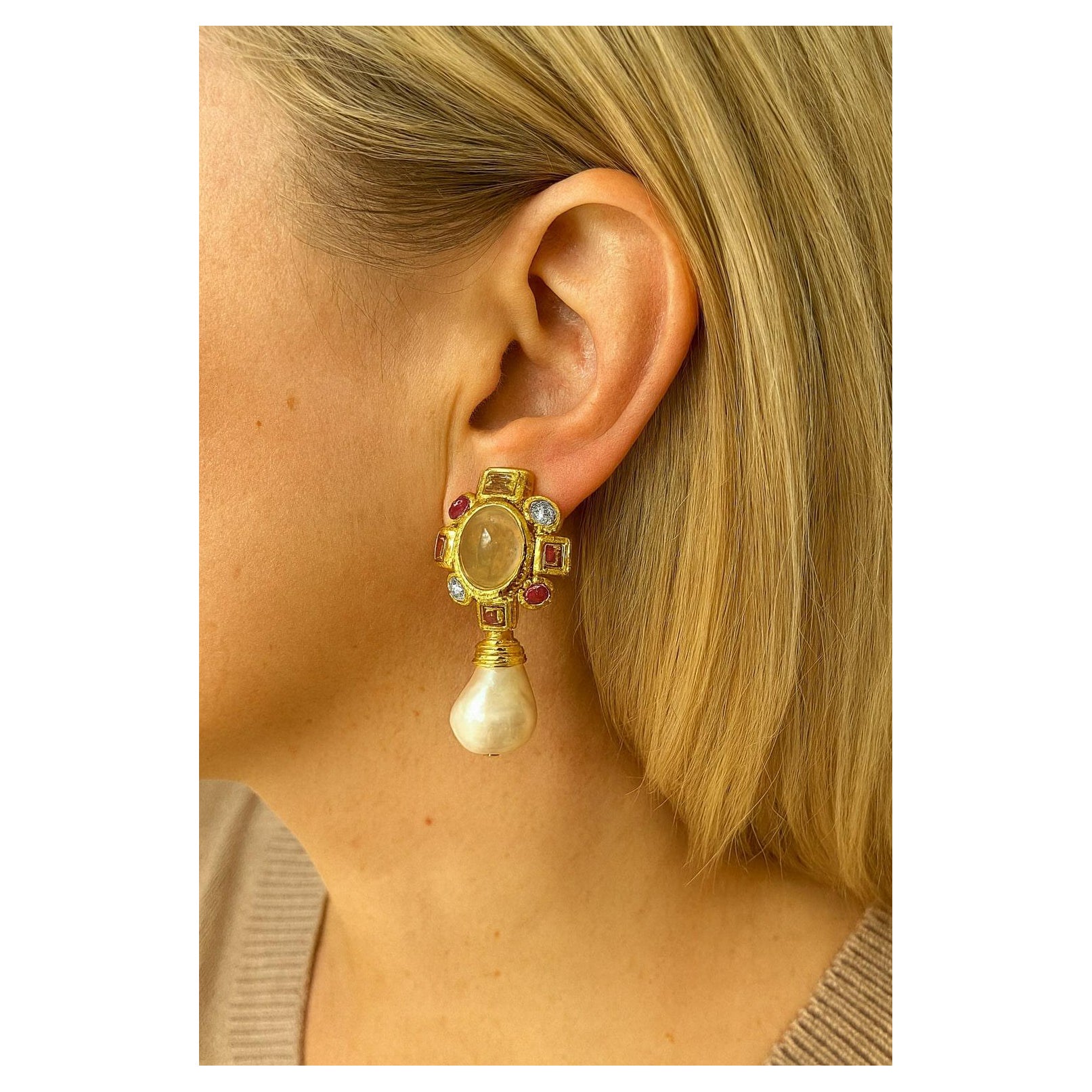 Bochic "Orient" Vintage Zitrone Quarz, Rodorit & Perle Ohrringe Set 18K Gold & S