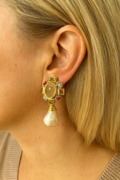 Bochic “Orient” Vintage Lemon Quartz, Rodorite & Pearl Earrings Set 18K Gold & S