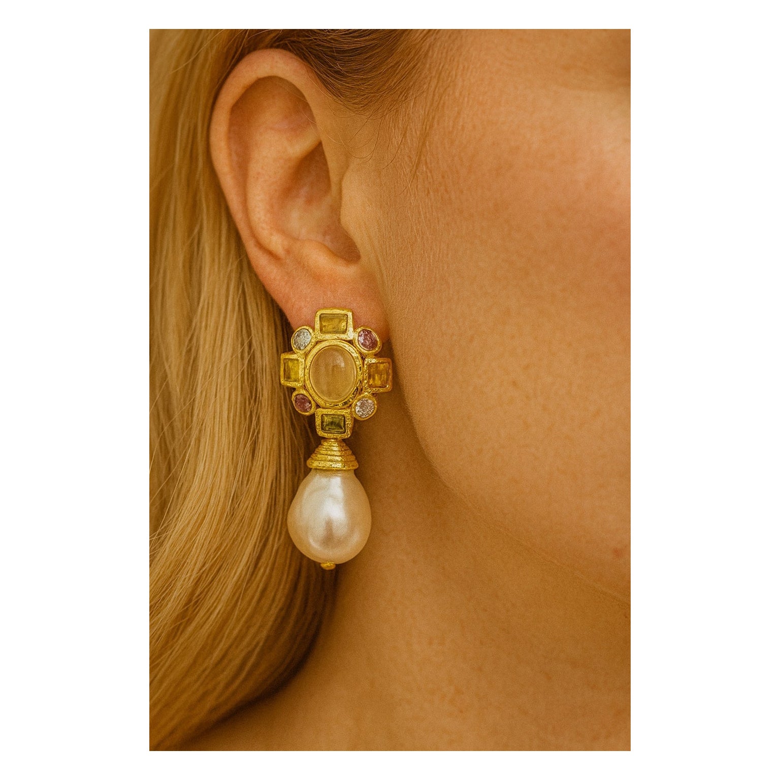 Bochic “Orient” Vintage Lemon Quartz, Rodorite 
Pearl Earrings Set 18K Gold&Si