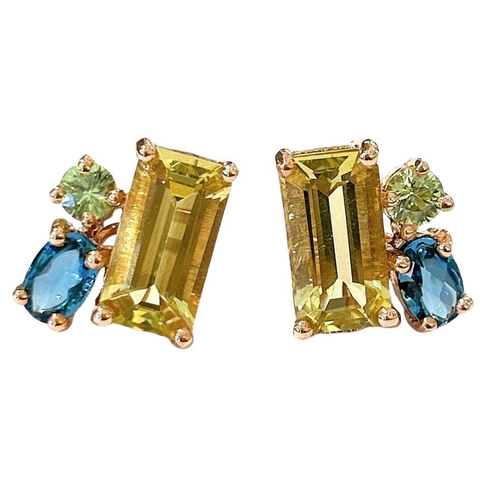 Emerald Cut Bochic “Orient” Vintage Lemon Topaz & Rose Quartz Earrings Set 18K Gold & Silver For Sale