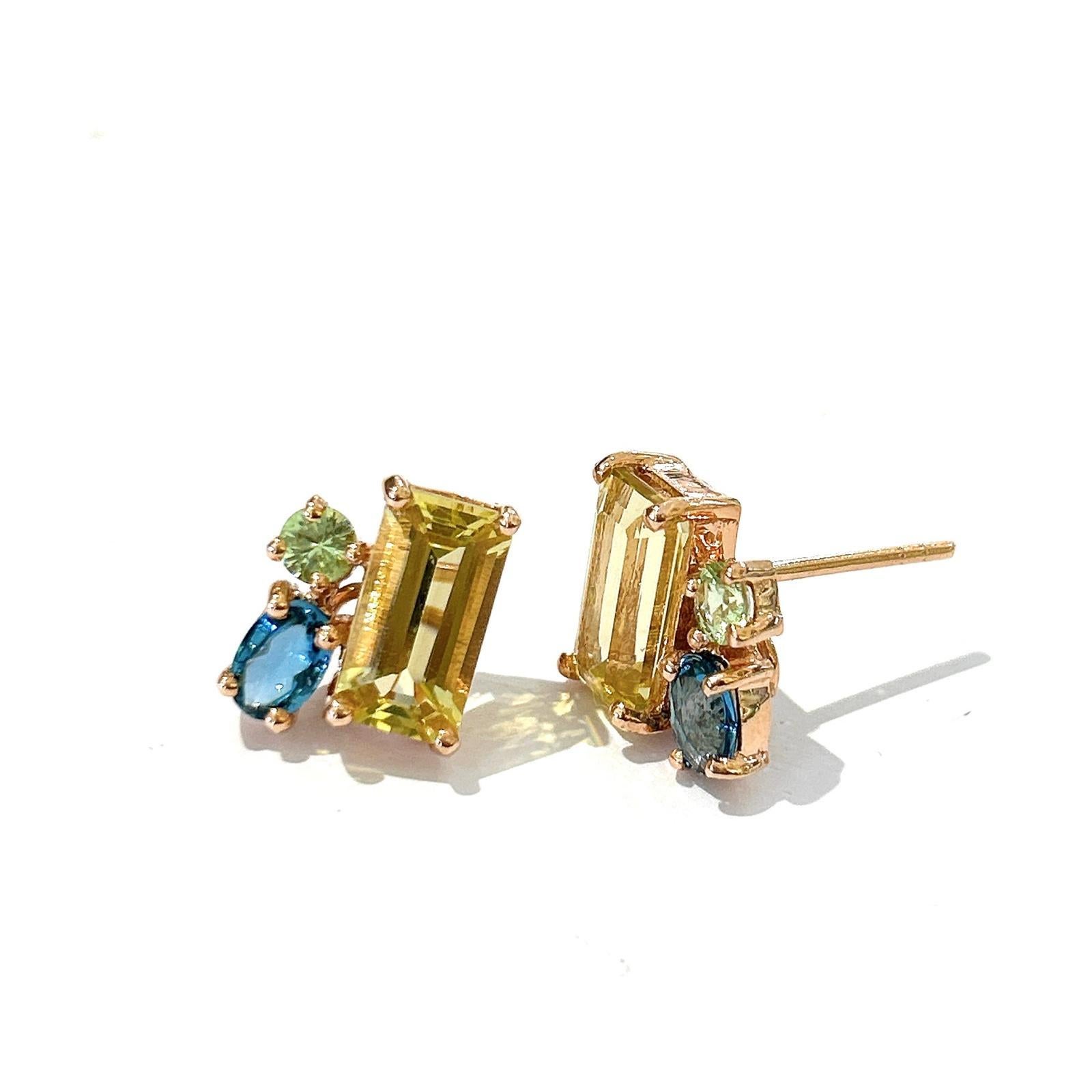 Bochic “Orient” Vintage Lemon Topaz & Rose Quartz Earrings Set 18K Gold & Silver In Excellent Condition For Sale In New York, NY