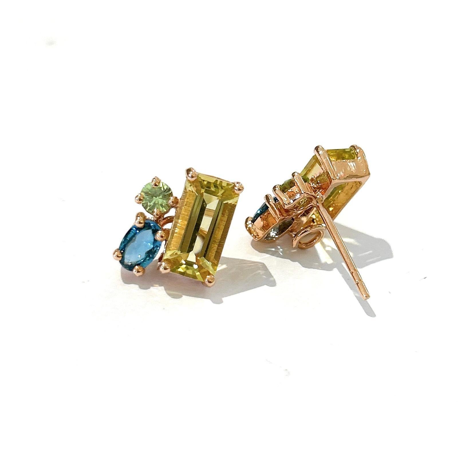 Bochic “Orient” Vintage Lemon Topaz & Rose Quartz Earrings Set 18K Gold & Silver For Sale 1