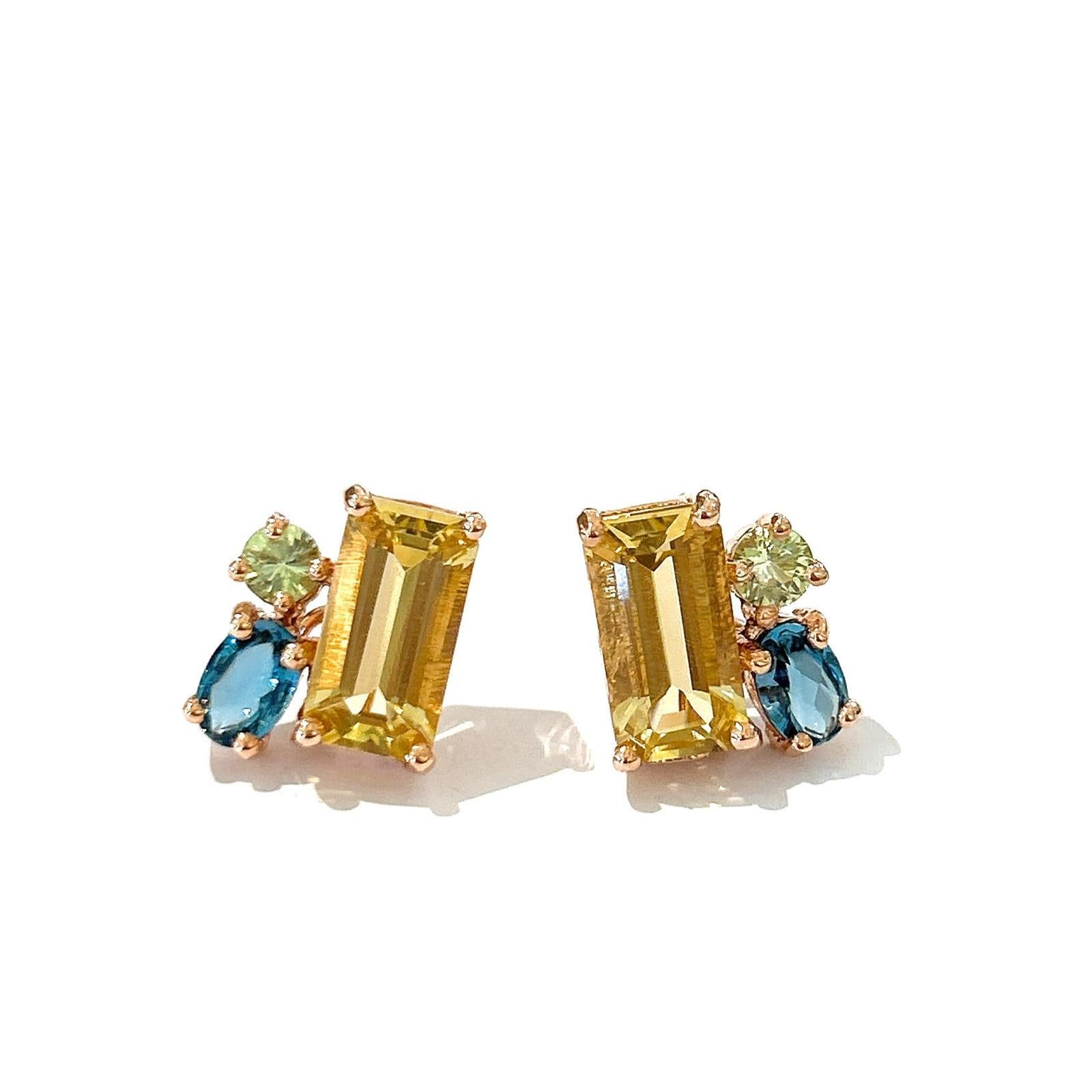 Bochic “Orient” Vintage Lemon Topaz & Rose Quartz Earrings Set 18K Gold & Silver For Sale 3