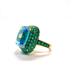 Bochic “Orient” Vintage London Blue Topaz & Emerald Ring Set In 18 K Gold & Silv