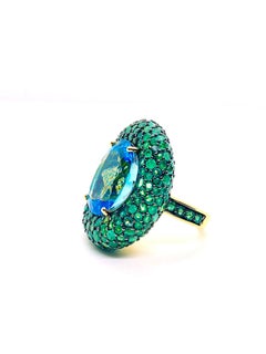 Anello Bochic "Orient" Vintage London Blue Topaz & Emerald con incastonatura in oro 18 K e K.K.