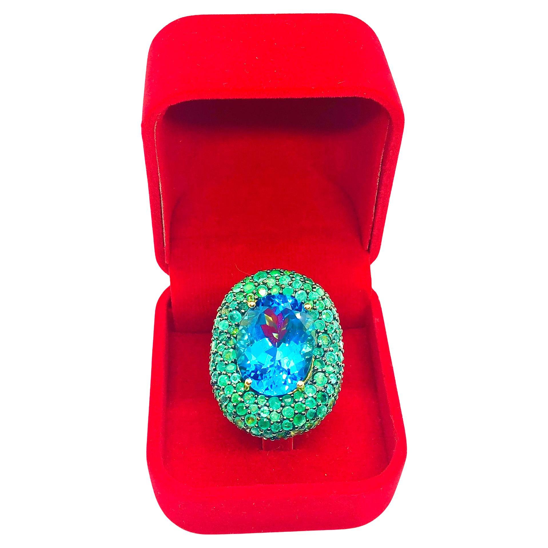 Bochic "Orient" Vintage London Blauer Topas & Smaragd Ring Set in 18 K Gold & Silv