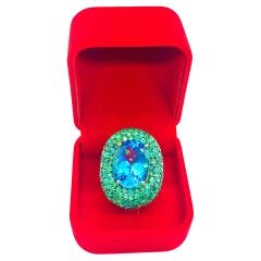 Bochic “Orient” Vintage London Blue Topaz & Emerald Ring Set In 18 K Gold & Silv