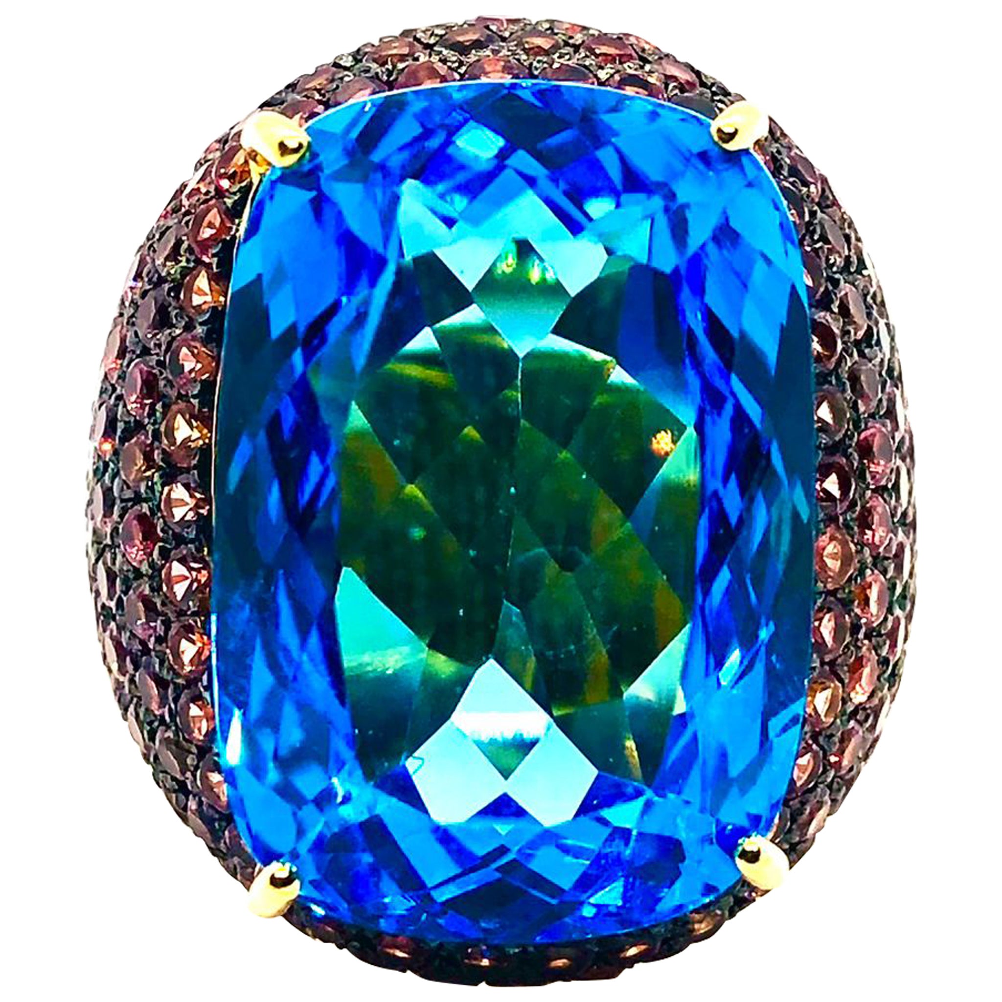 Anello Bochic "Orient" con Topazio Blu di Londra e Zaffiro Arancione, oro 18K e Sil