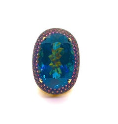 Bochic "Orient" Vintage London Blautopas & Rhodolith Ring Set in 18 K Gold & Si