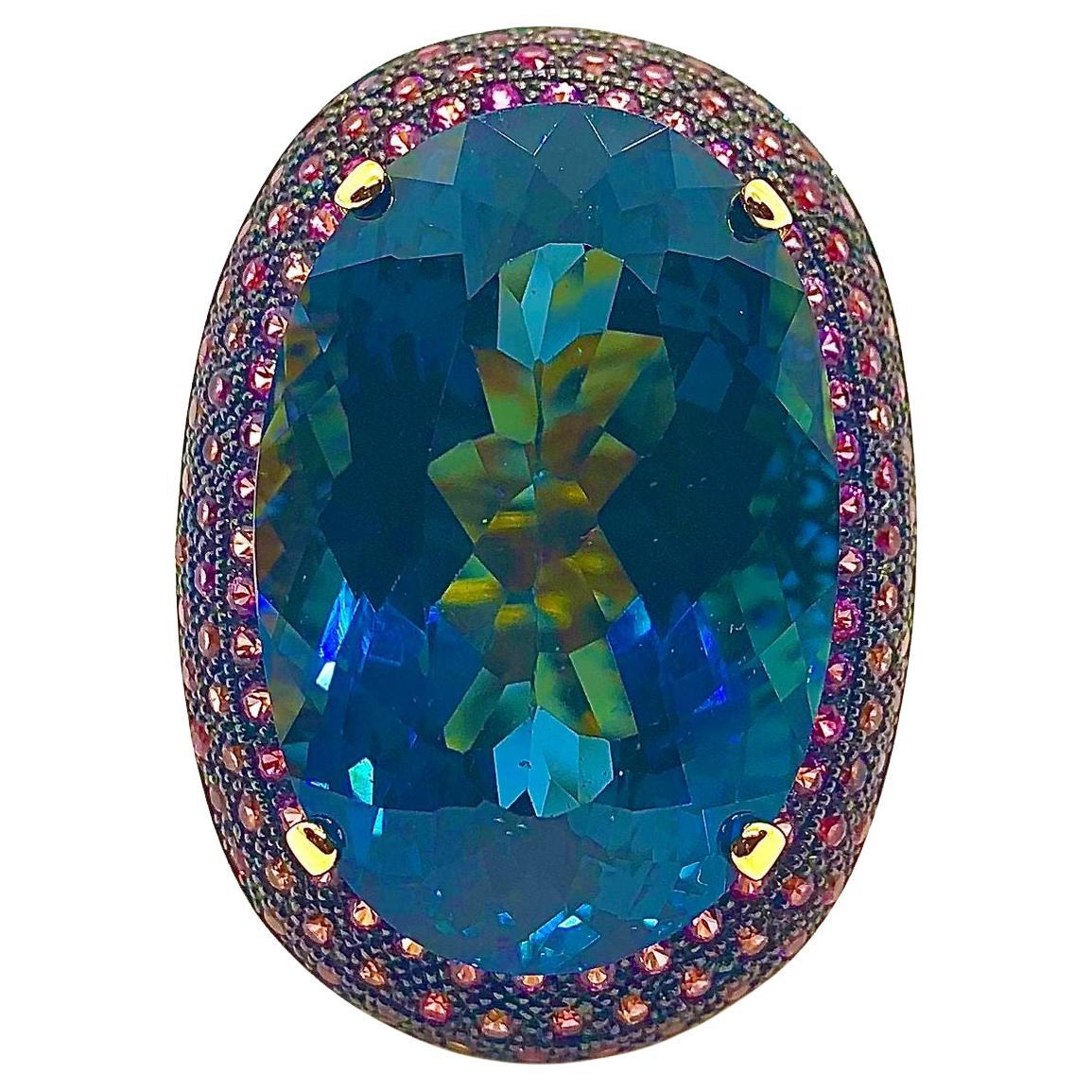 Anillo Bochic "Orient" Vintage London Topacio Azul y Rodolita Engastado en Oro de 18 K y Si