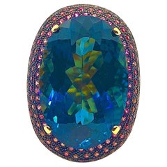 Bochic “Orient” Vintage London Blue Topaz & Rhodolite Ring Set In 18 K Gold & Si