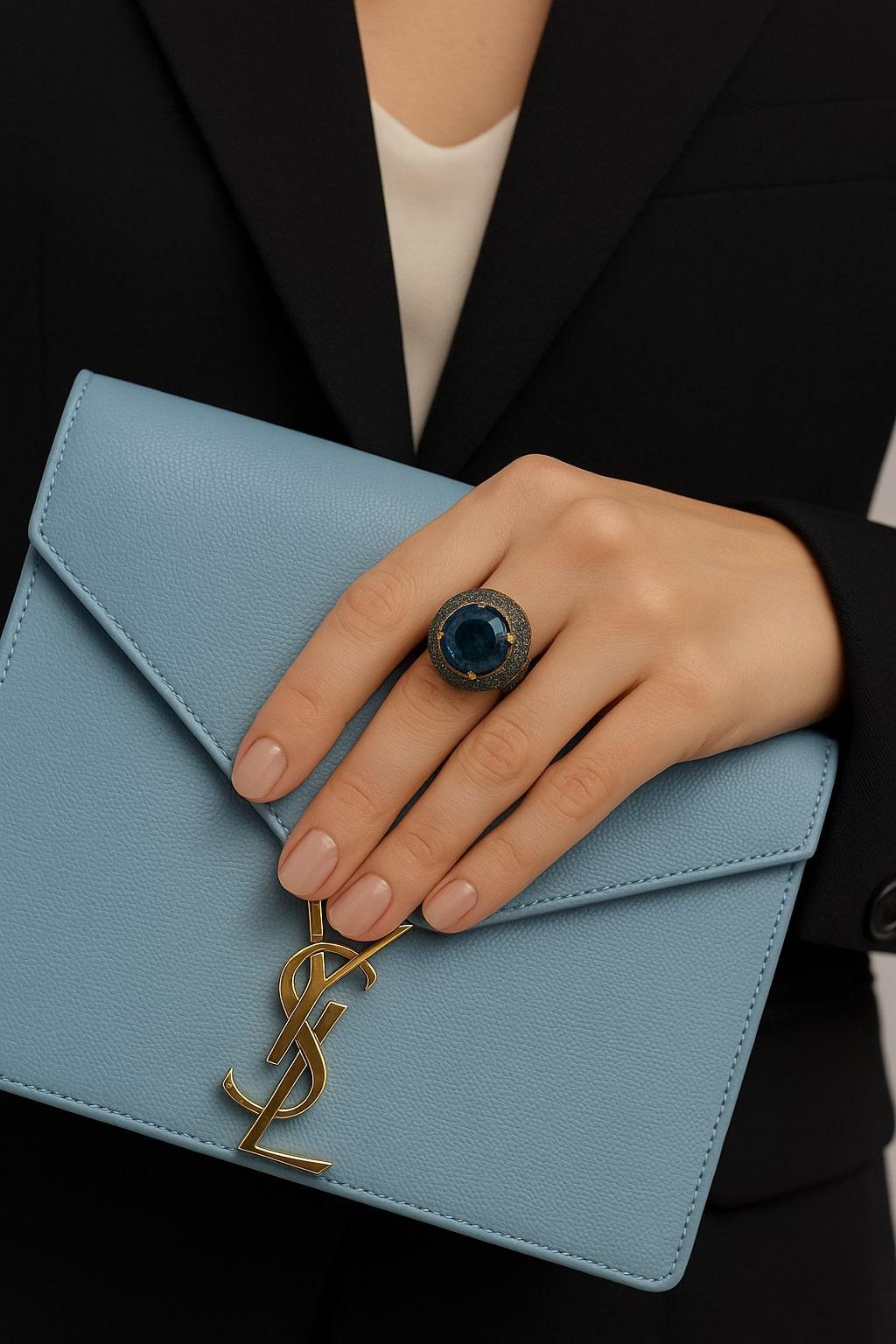 Bochic “Orient” Vintage London Blue Topaz & White Sapphire Ring Set 18K & Silver For Sale 7