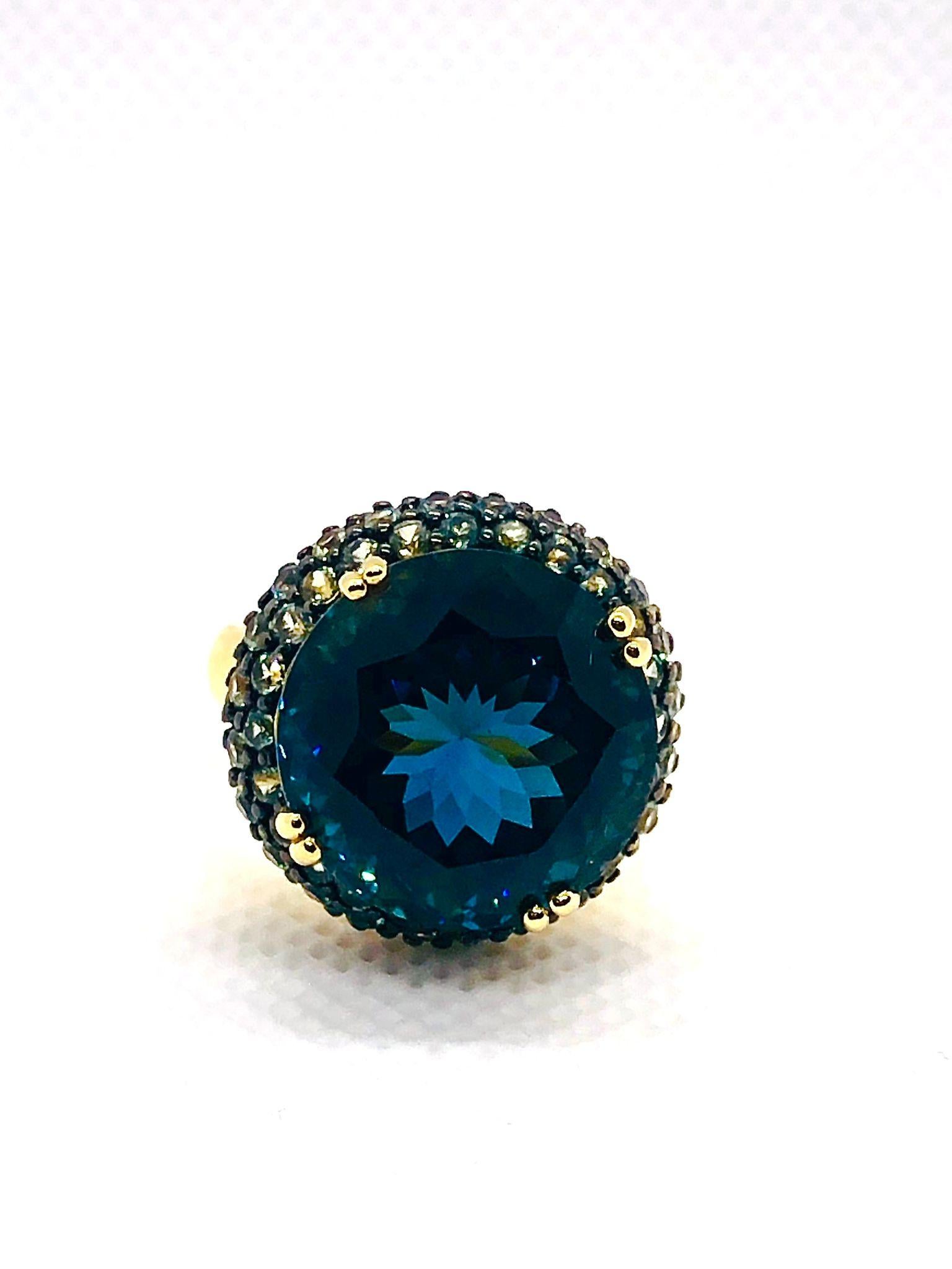 Art Deco Bochic “Orient” Vintage London Blue Topaz & White Sapphire Ring Set 18K & Silver For Sale
