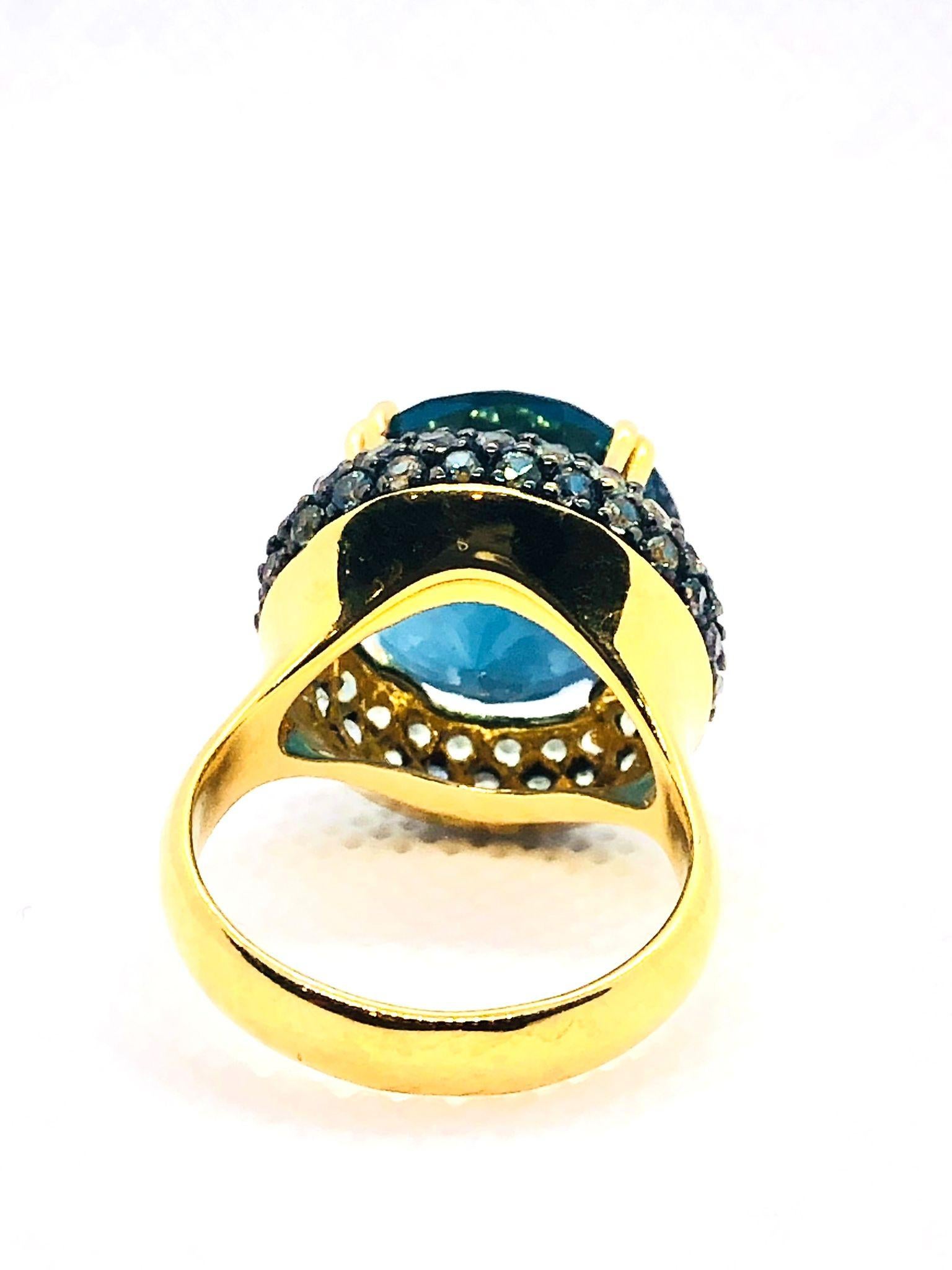 Bochic “Orient” Vintage London Blue Topaz & White Sapphire Ring Set 18K & Silver For Sale 3
