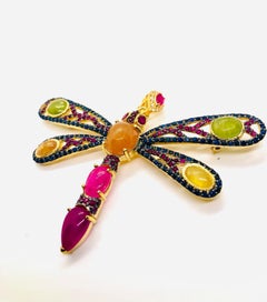 Bochic “Orient” Vintage Multi Color Fancy Sapphire & Ruby Brooch Set In 18K Gold