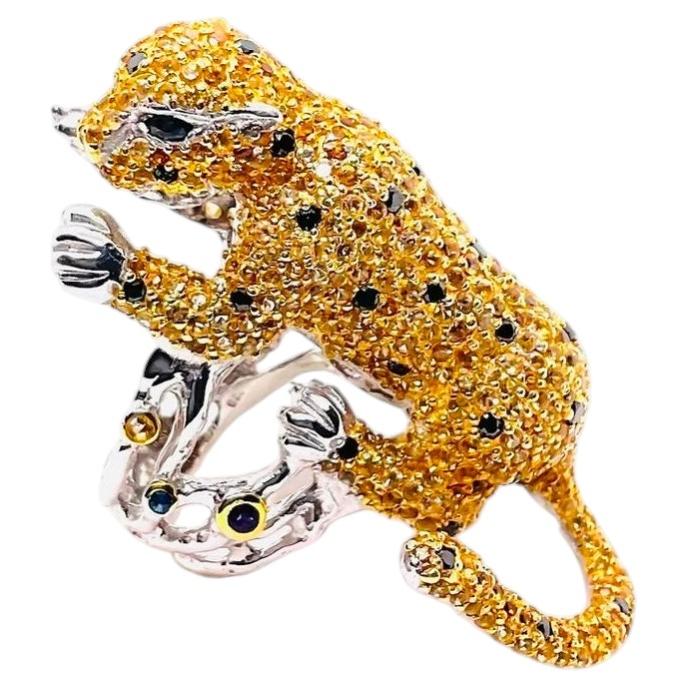 Bochic “Orient” Vintage Multi-Sapphire & Ruby Panther Ring - 18K Gold & Silver