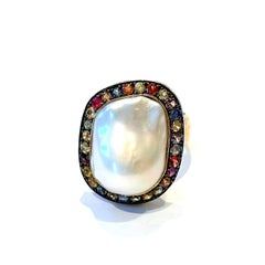 Bochic “Orient” Vintage Multi Sapphire & White Pearl Ring Set 18K Gold & Silver