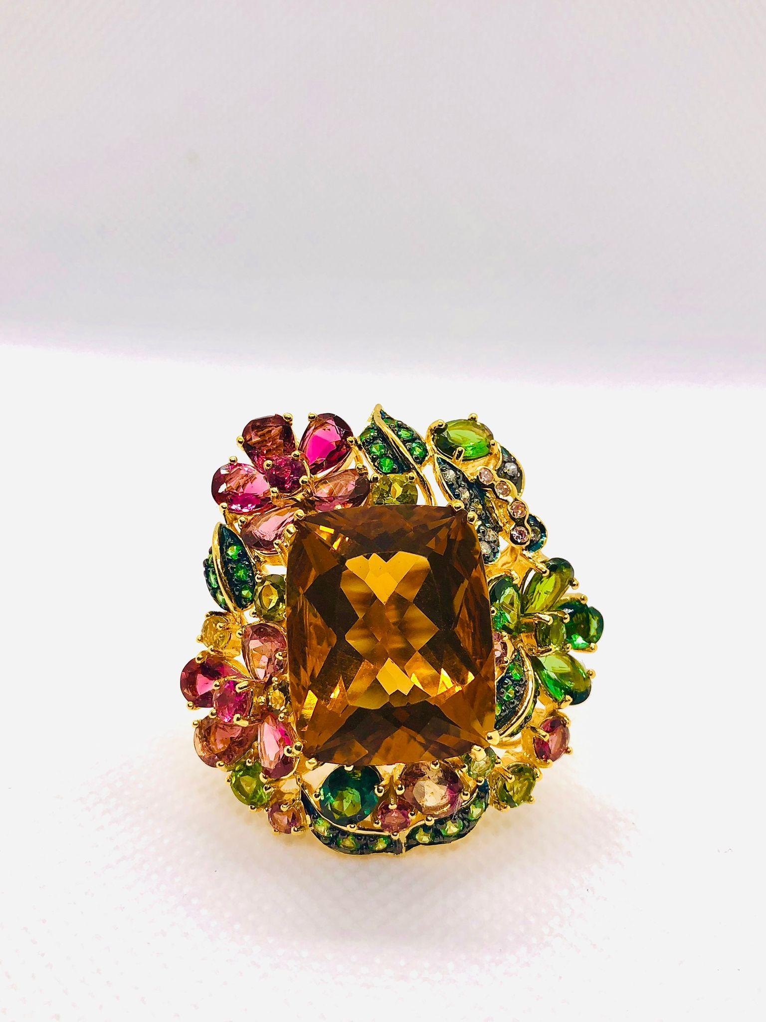 Brilliant Cut Bochic “Orient” Vintage Multi Tourmaline & Citrine Ring Set In 18K Gold & Silve For Sale