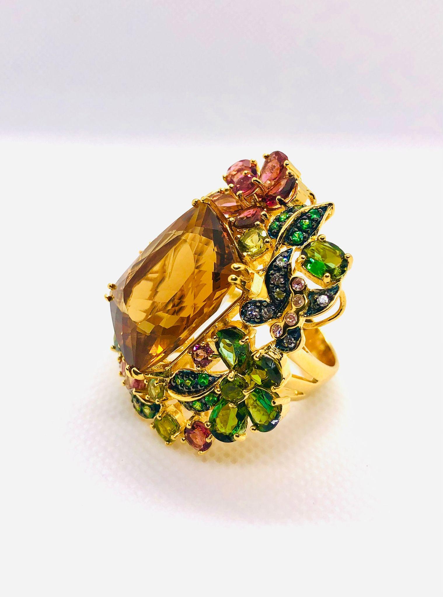 Bochic “Orient” Vintage Multi Tourmaline & Citrine Ring Set In 18K Gold & Silve In Excellent Condition For Sale In New York, NY