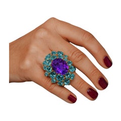 Bochic “Orient” Vintage Natural Amethyst & Blue Topaz Ring Set 18K & Silver