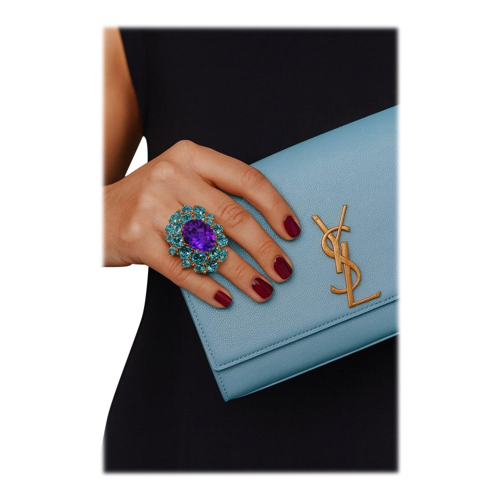 Bochic "Orient" Vintage natürlichen Amethyst & Blau Topas Ring Set 18K & Silber im Angebot